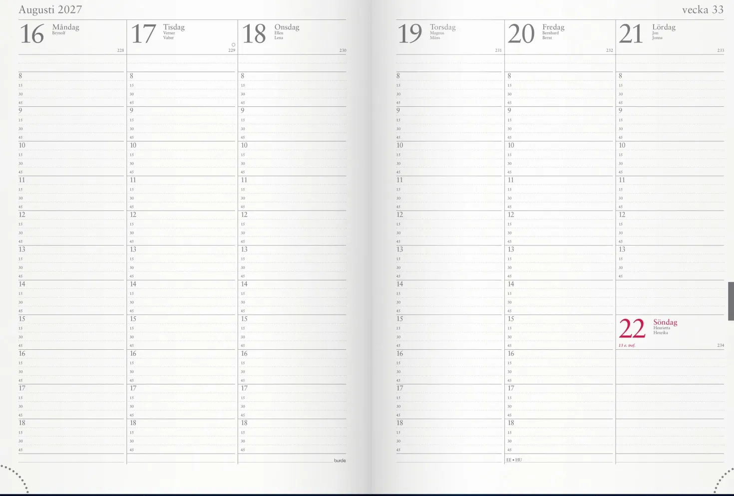 Almanacka Burde Veckojournal 2027 blått konstläder