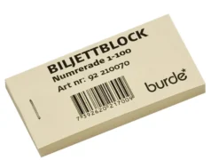 Biljettblock Burde 1-100, tvådelad med kontrollkupong, gul