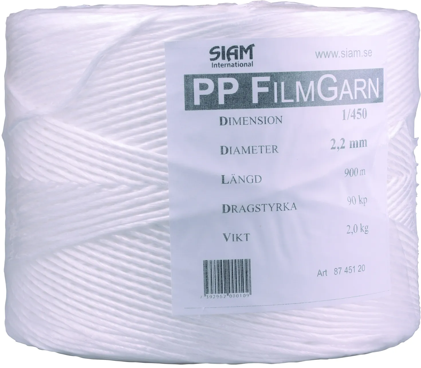 Bindgarn Siam Polypropylen Film 1/450, vit, 225 m, 500 g