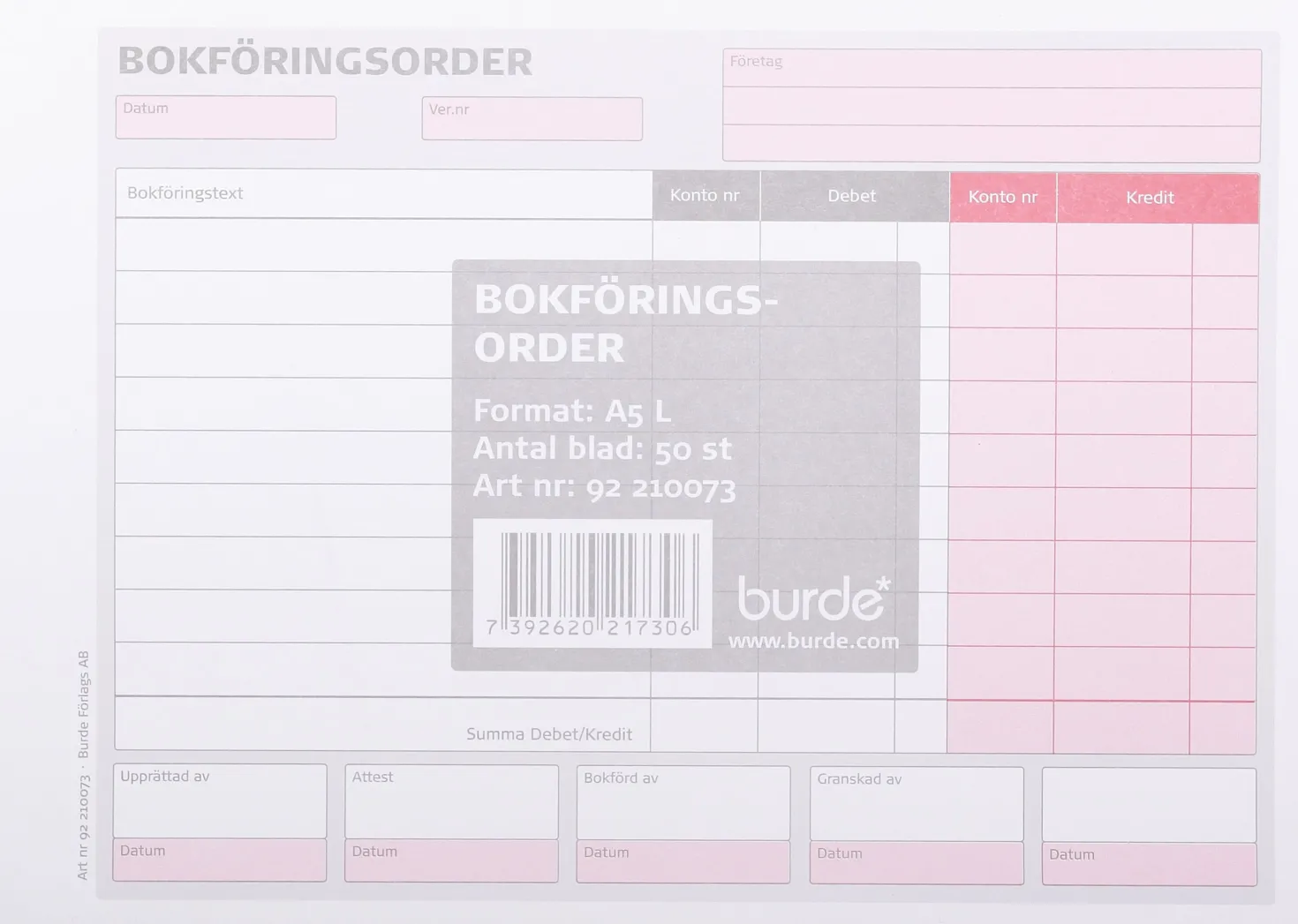 Bokföringsorder Burde A5L Liggande, hålstansad, 10 block