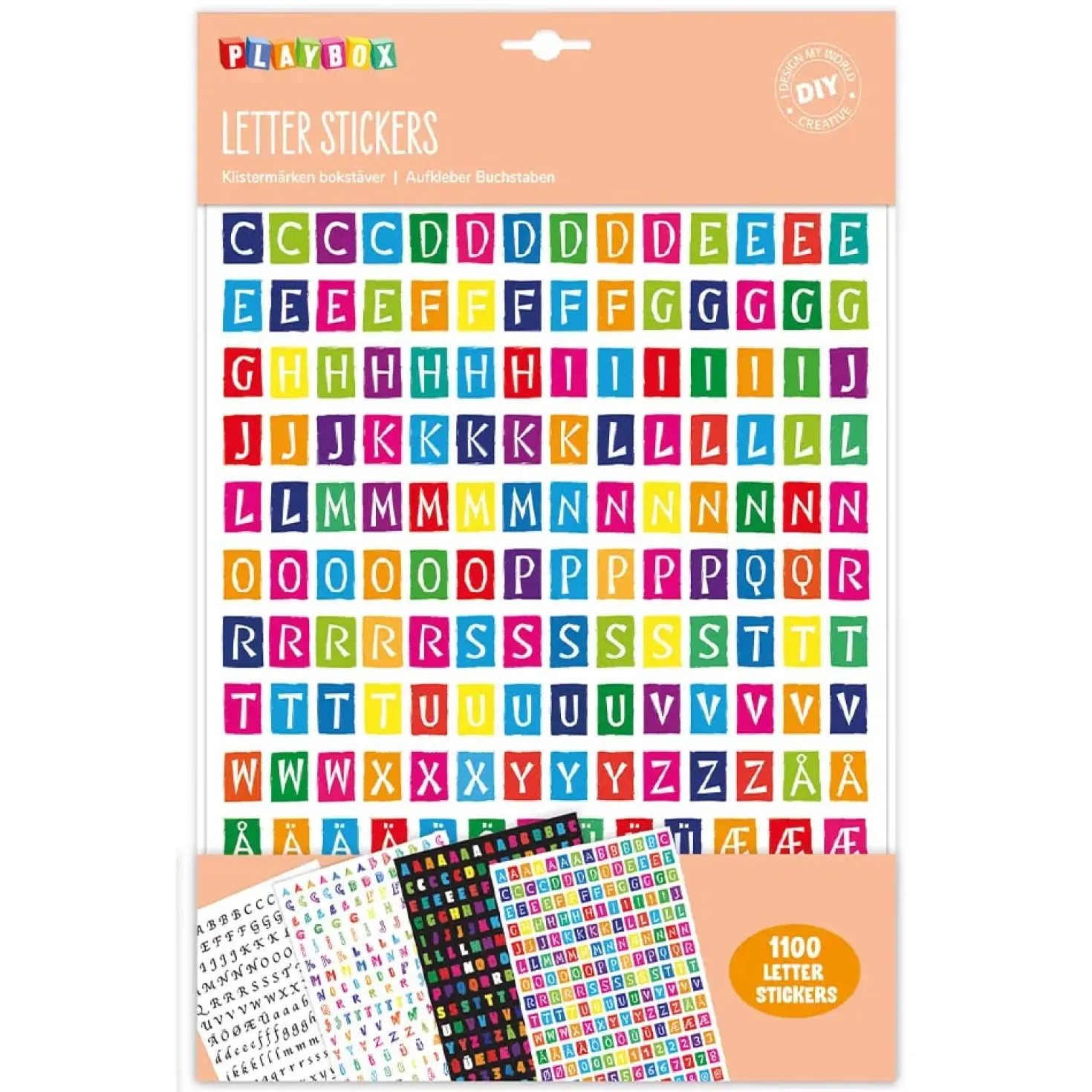 Bokstavsstickers Playbox, blandade färger, 6 ark