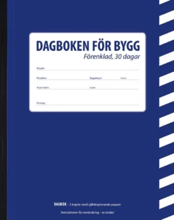 Byggdagbok Burde 30 dagar Förenklad, A5, självkopierande, blå