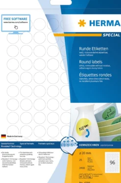 Etikett Herma Special Avtagbar, rund Ø20mm, vit, 2400 st