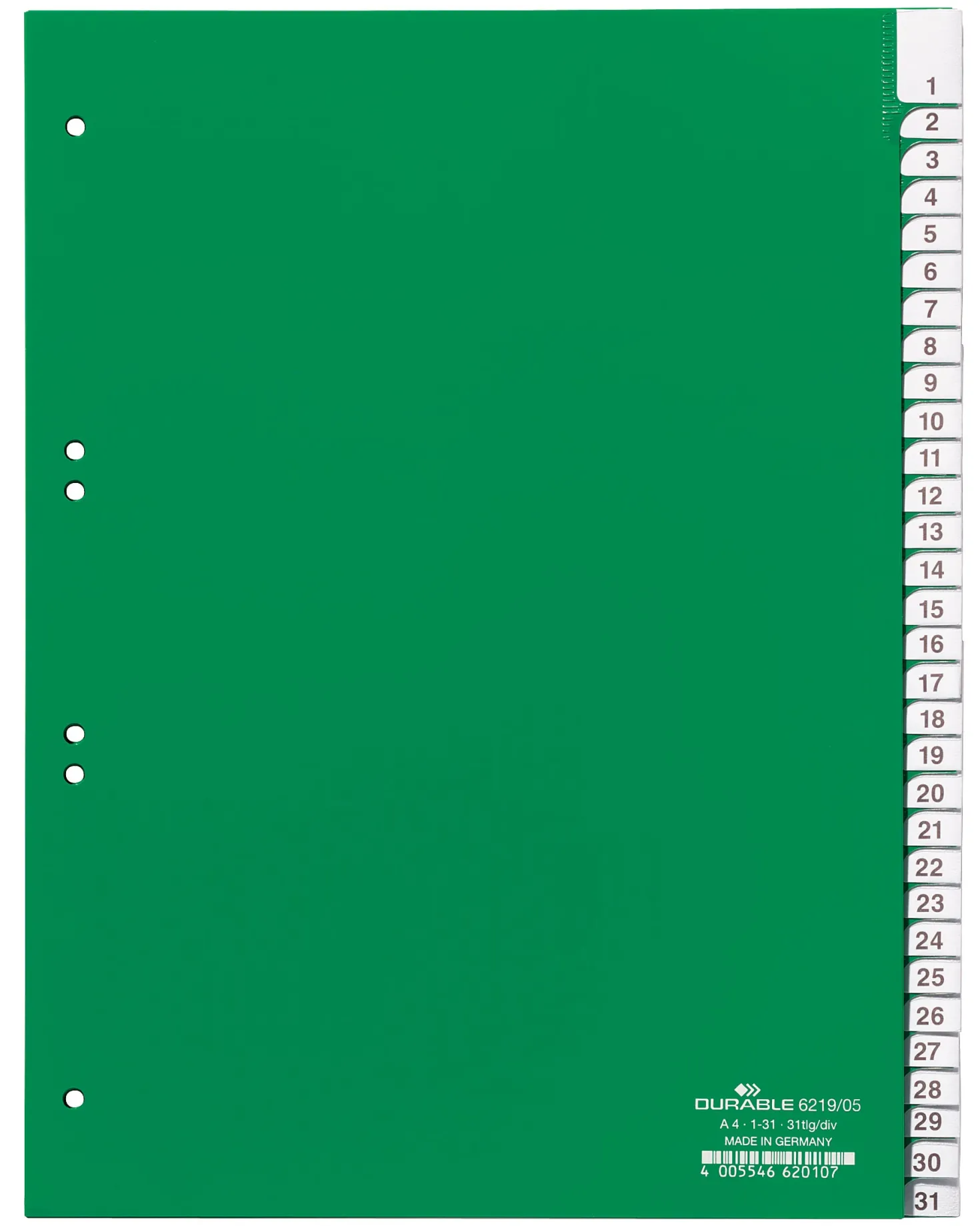 Insticksregister Durable A4 1-31, svetsade flikar, grön