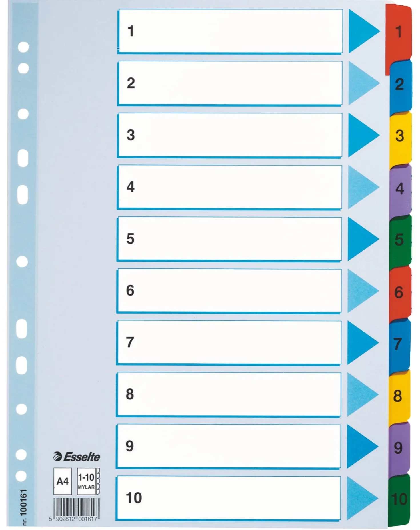 Kartongregister Esselte Mylar A4 1-10, blandade färger, 10 blad