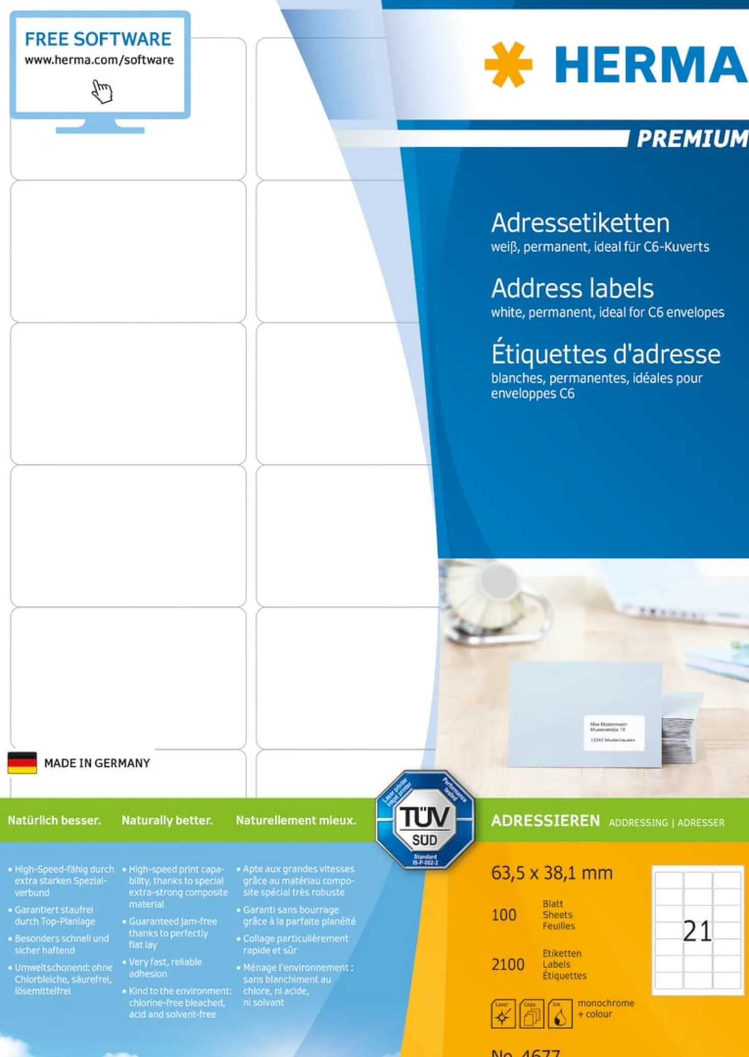 Klisteretiketter Herma Premium 63,5x38,1 mm, vit, 2100 st