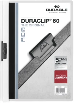 Klämmapp Durable Duraclip A4, 60 ark, vit, 25 st