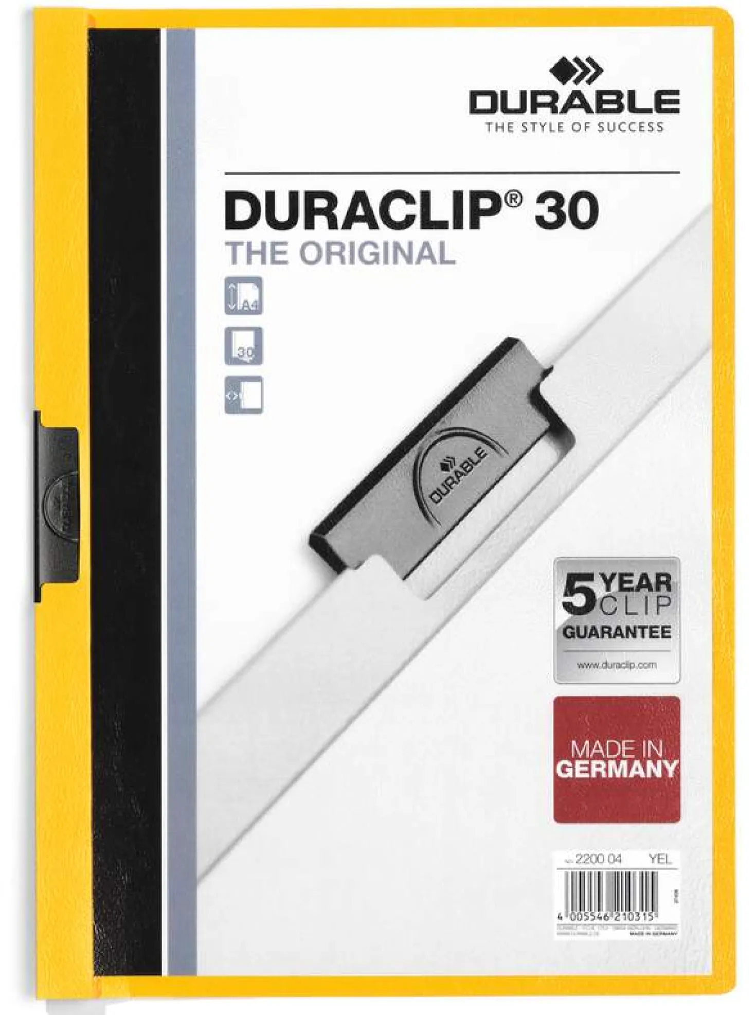 Klämmapp Durable Duraclip A4, gul, 30 ark