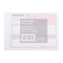 Kvittensblankett Burde A6L, 50 blad, förstansade hål