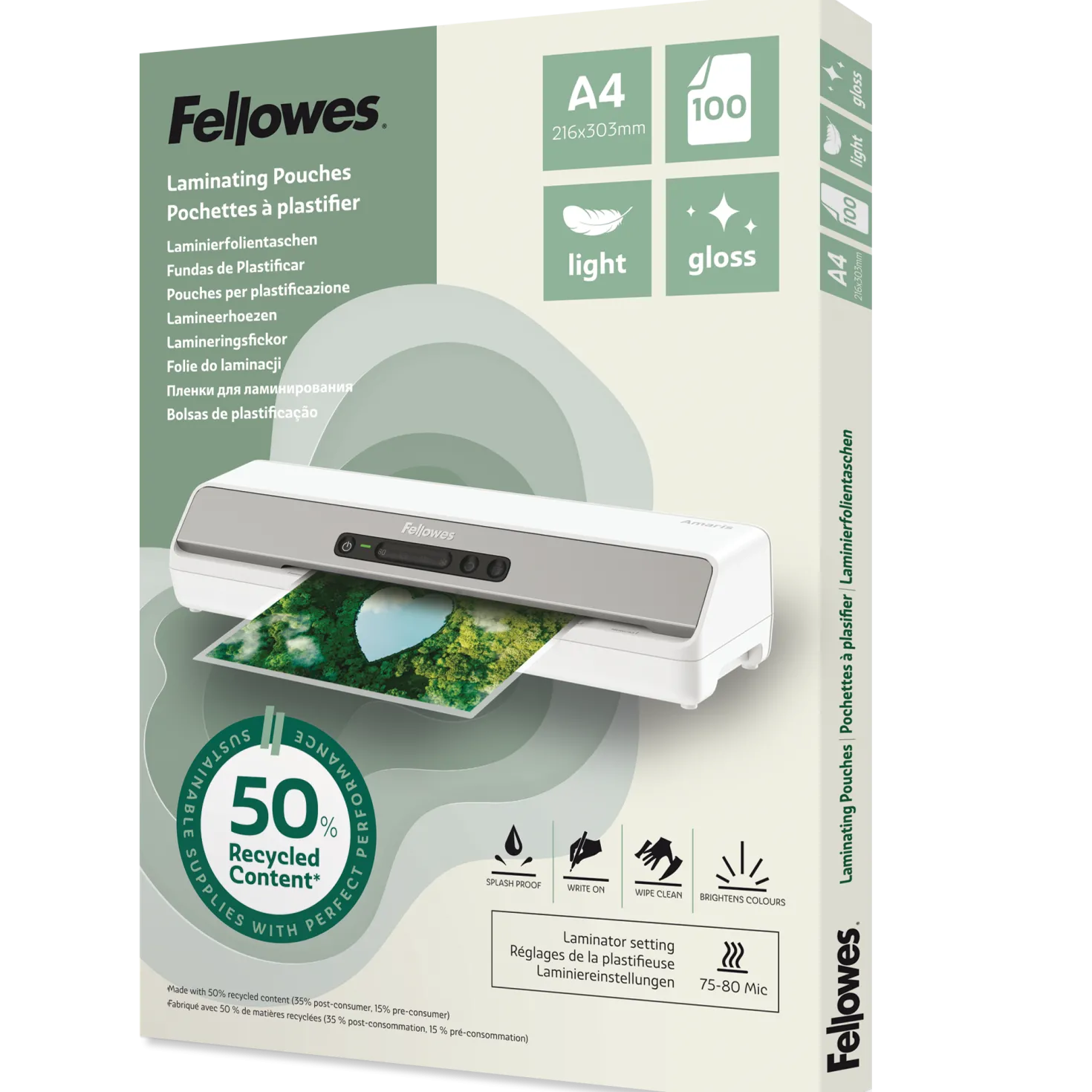 Lamineringsficka Fellowes Light A4 Recycled, blank, 100 st