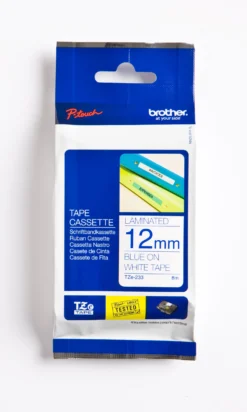Märkband Brother TZe-233, blå text på vit, 12mm x 8m