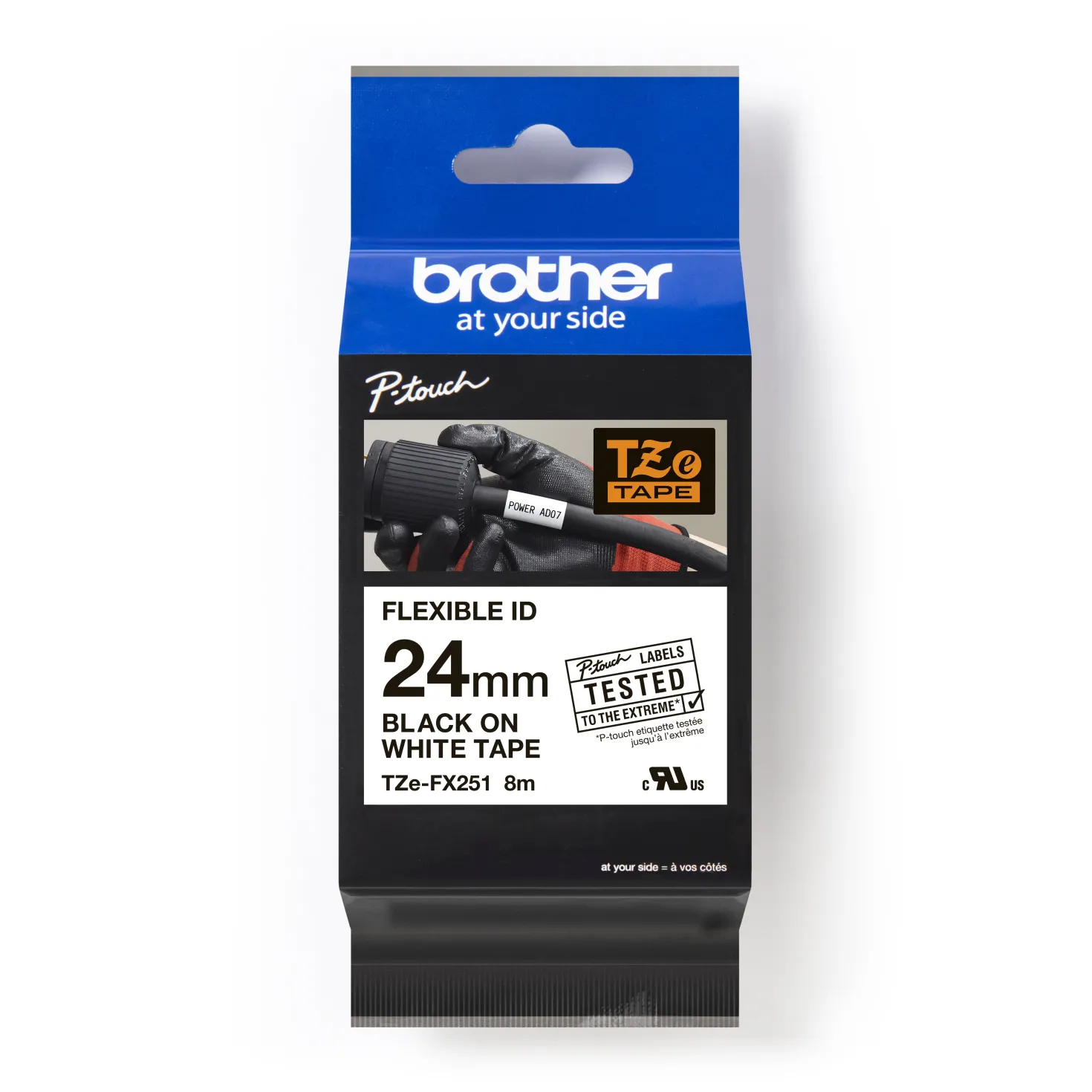 Märkband Brother TZe-FX251 Flexibel ID-tejp, 24mm x 8m, svart på vit