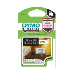Märkband Dymo D1 Durable, svart på vit, 12mm x 5,5m
