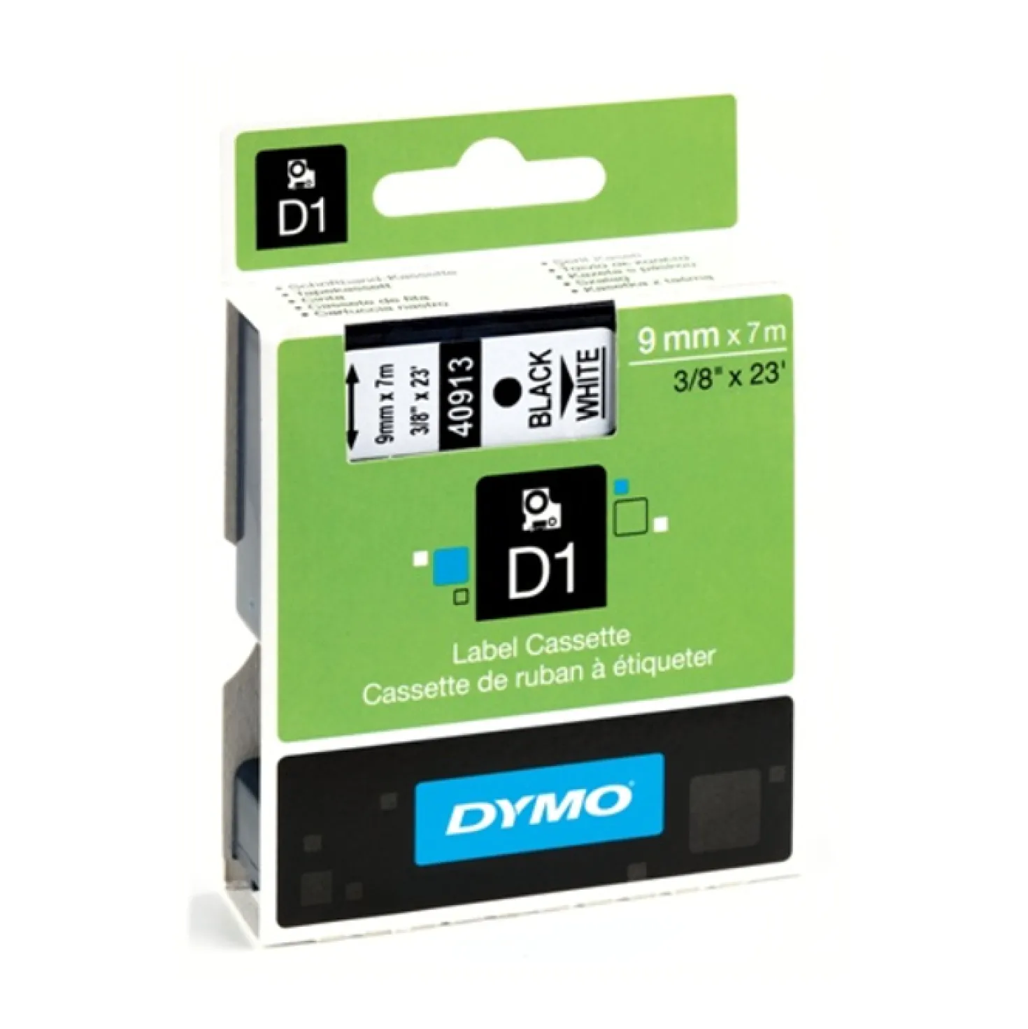 Märkband Dymo D1 Svart på Vit, 9mm, polyester, permanent