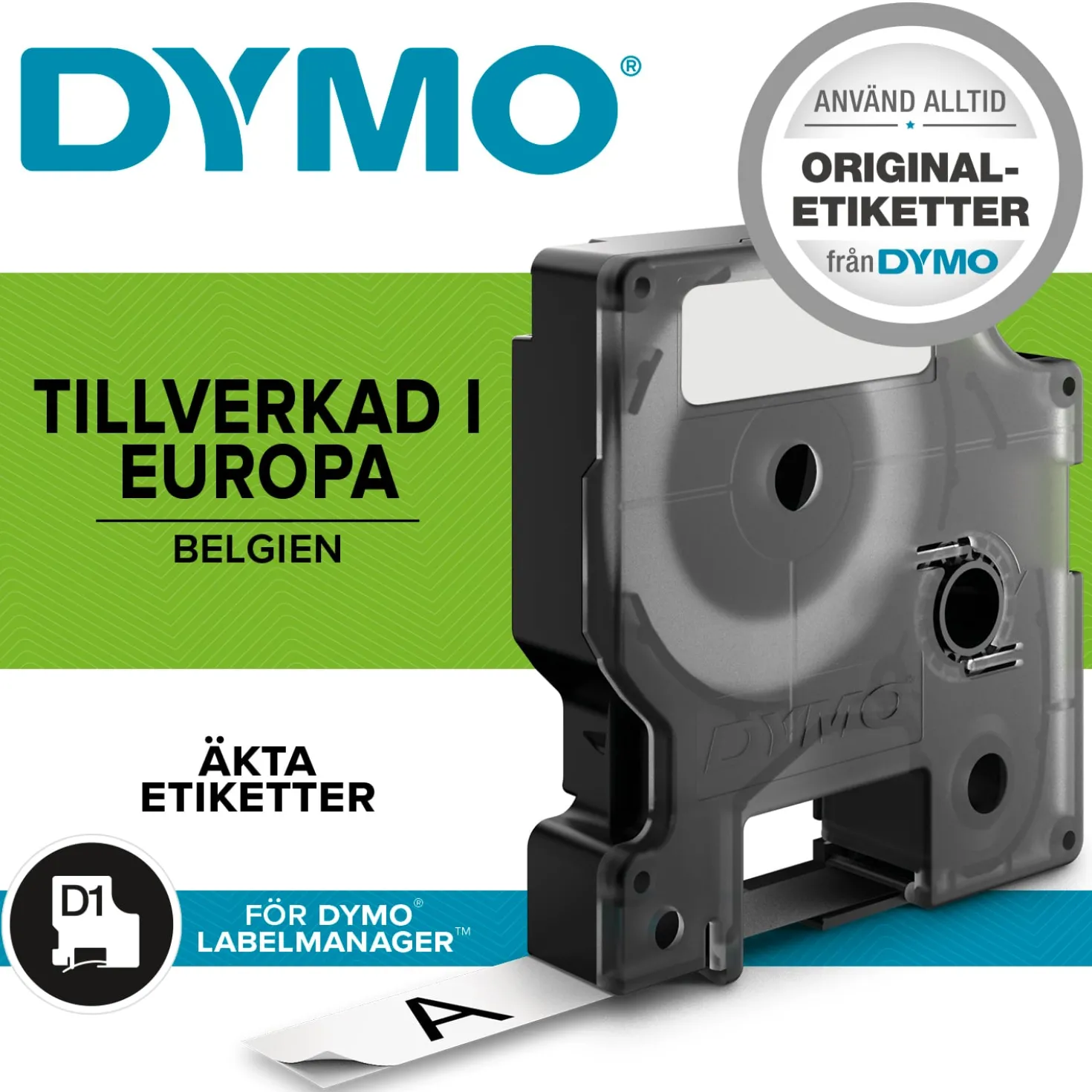 Märkband Dymo D1 Svart på Vit, 9mm, polyester, permanent