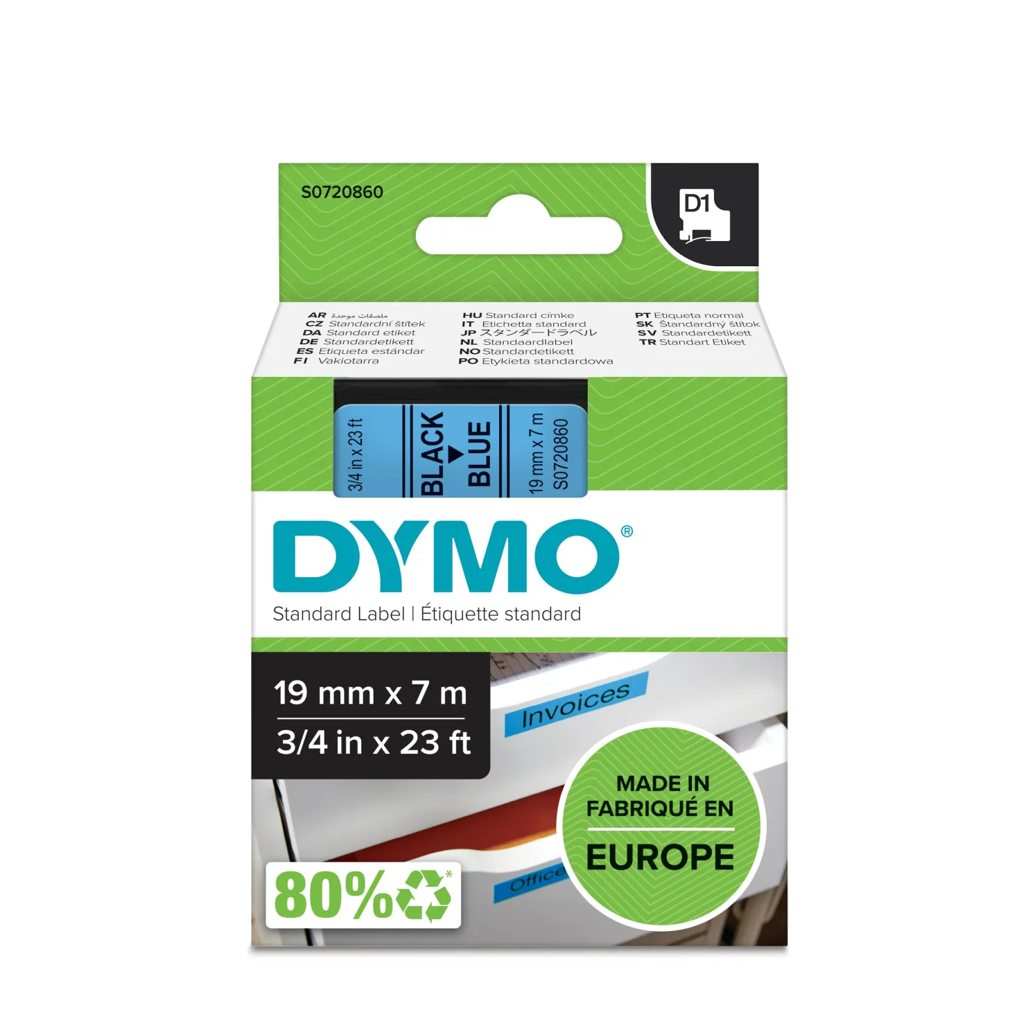 Märkband Dymo D1, svart text på blå, 19mm