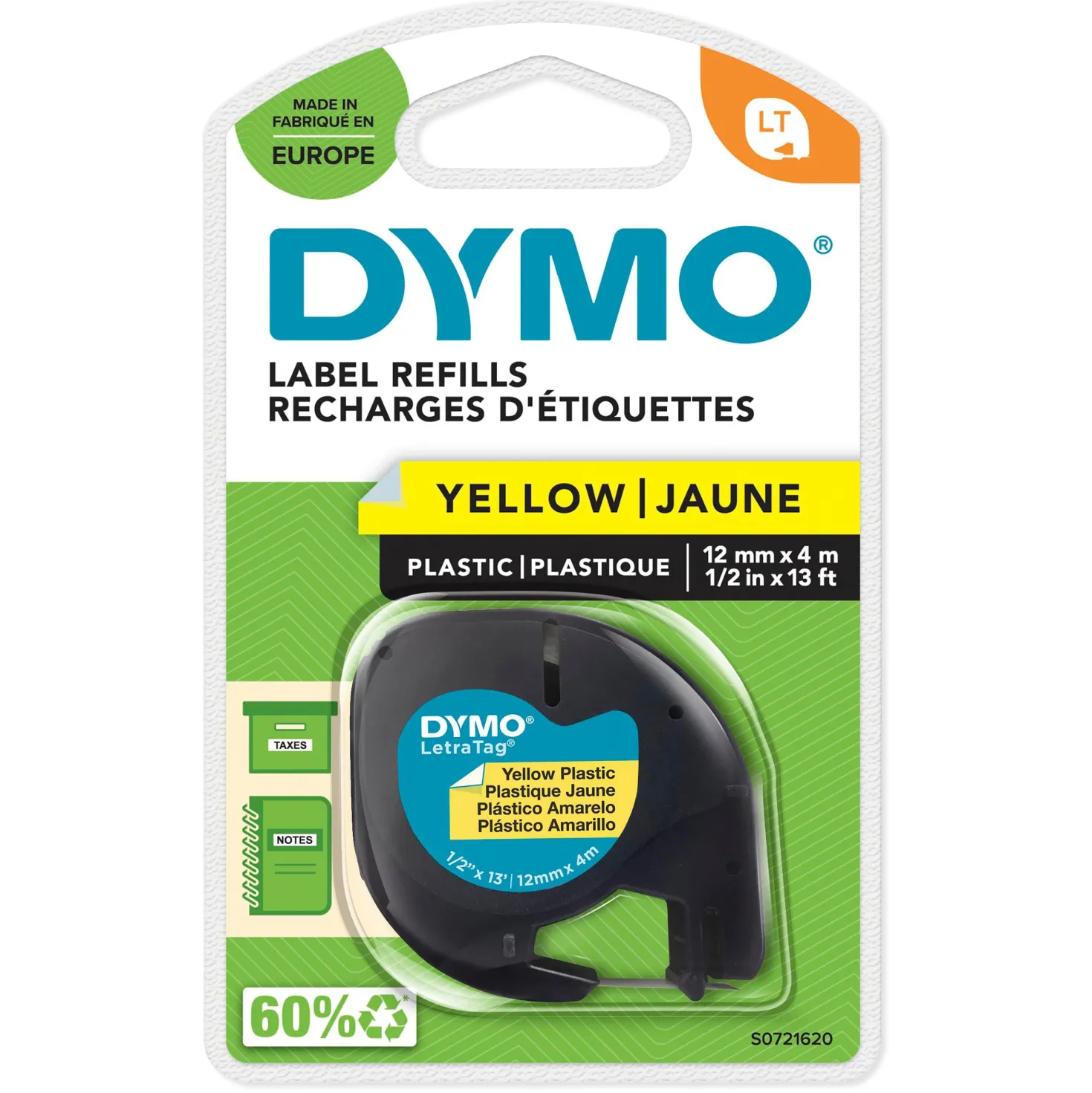 Märkband Dymo LetraTag Plast Gul, 12mm x 4m, svart text