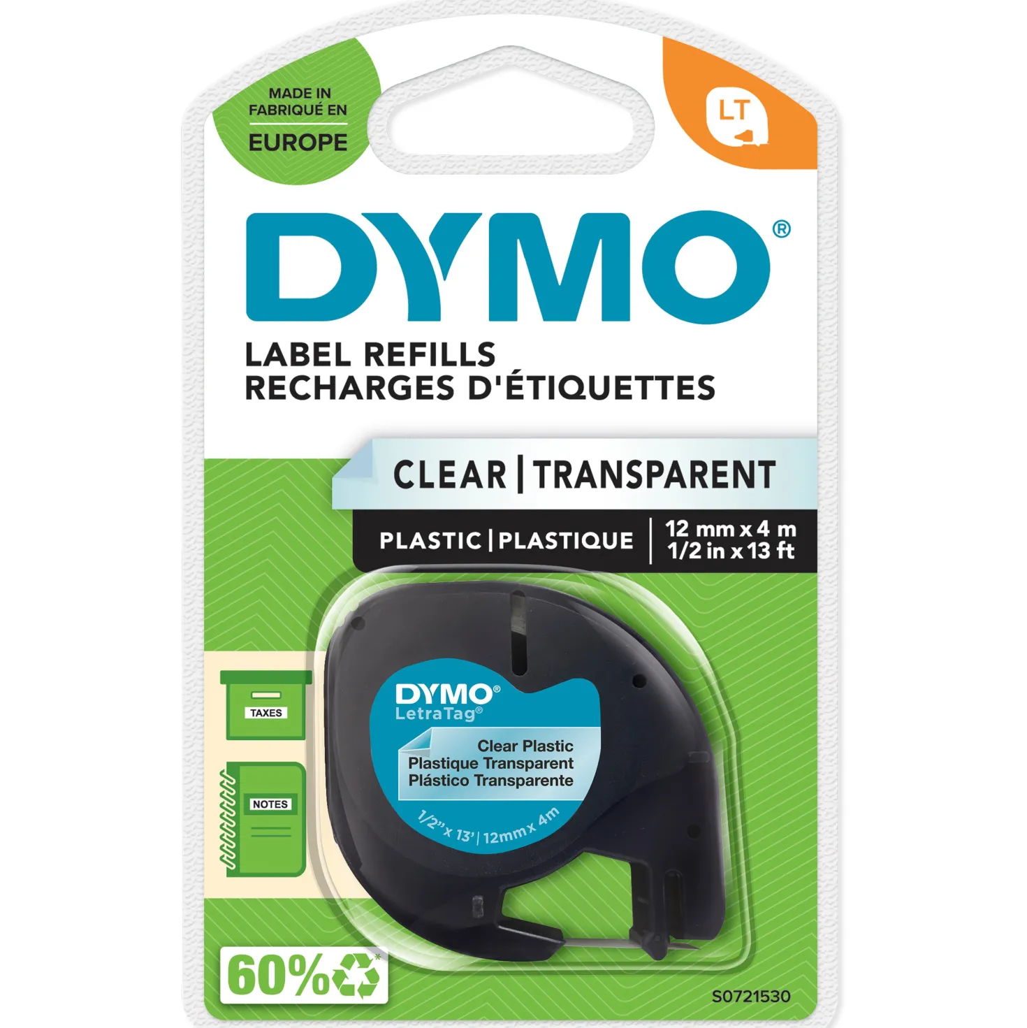Märkband Dymo LetraTag Plast Transparent, 12mm x 4m, svart text