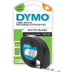 Märkband Dymo Letra Tag plast, vit, 12mm x 4m