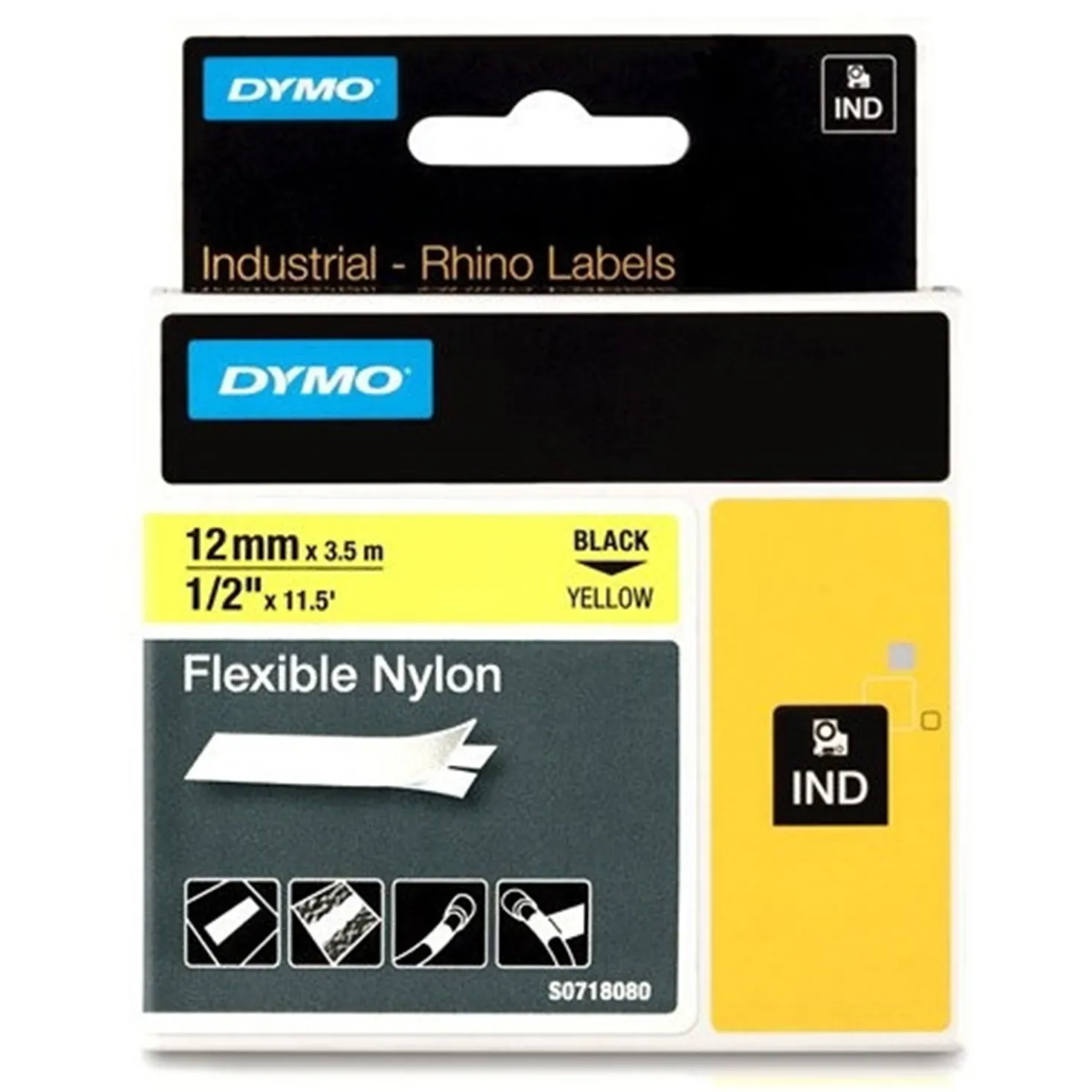 Märkband Dymo Rhino Ind Flex Nylon, svart på gul, 12 mm