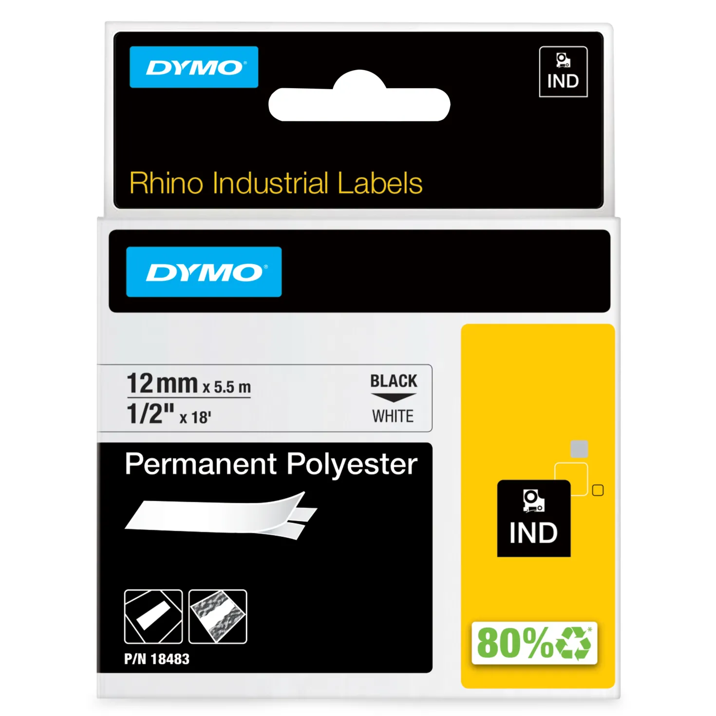 Märkband Dymo Rhino Ind Polyester, 12mm, svart på vit