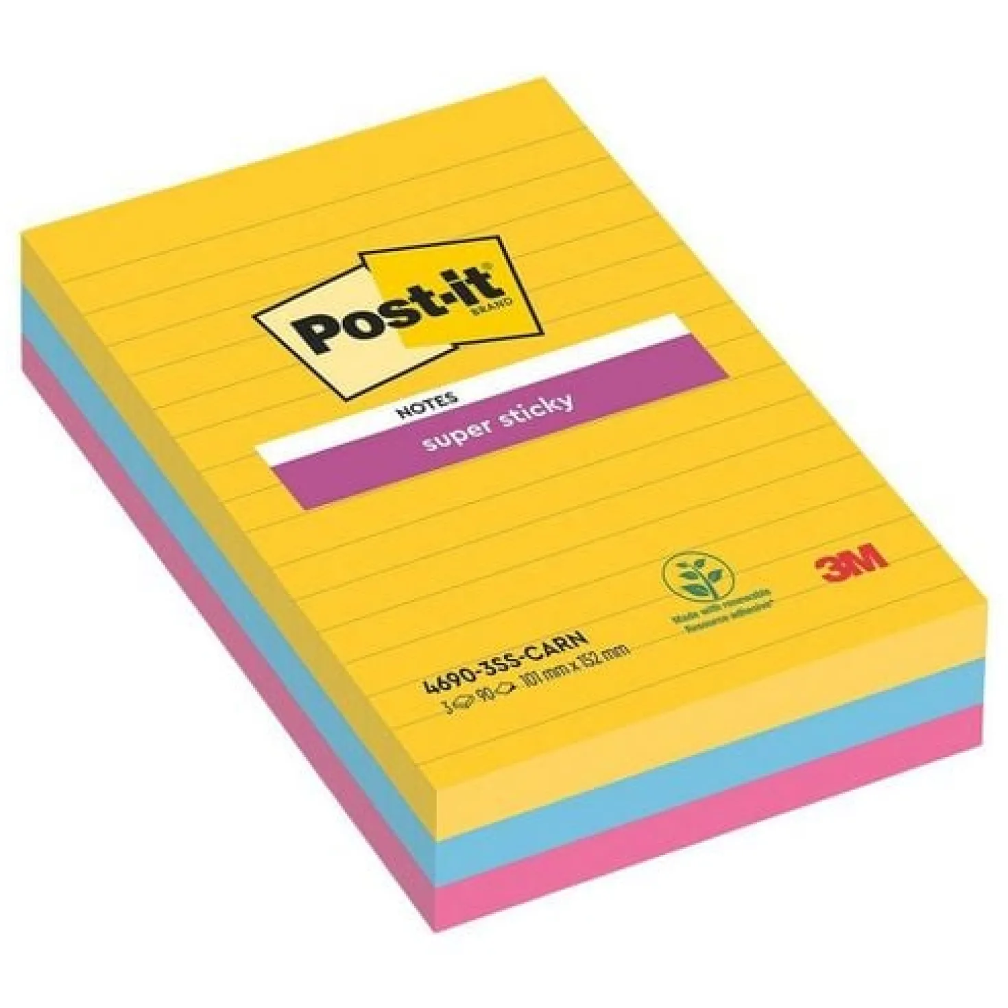 Notisblock Post-it Super Sticky XL Carnival, linjerad, 101x152mm, 3 st