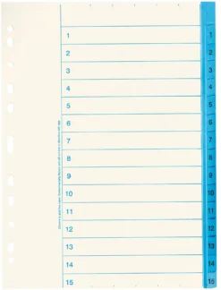 Pappersregister Nordic Office A4 1-15, multihål, blå flik, 10 set