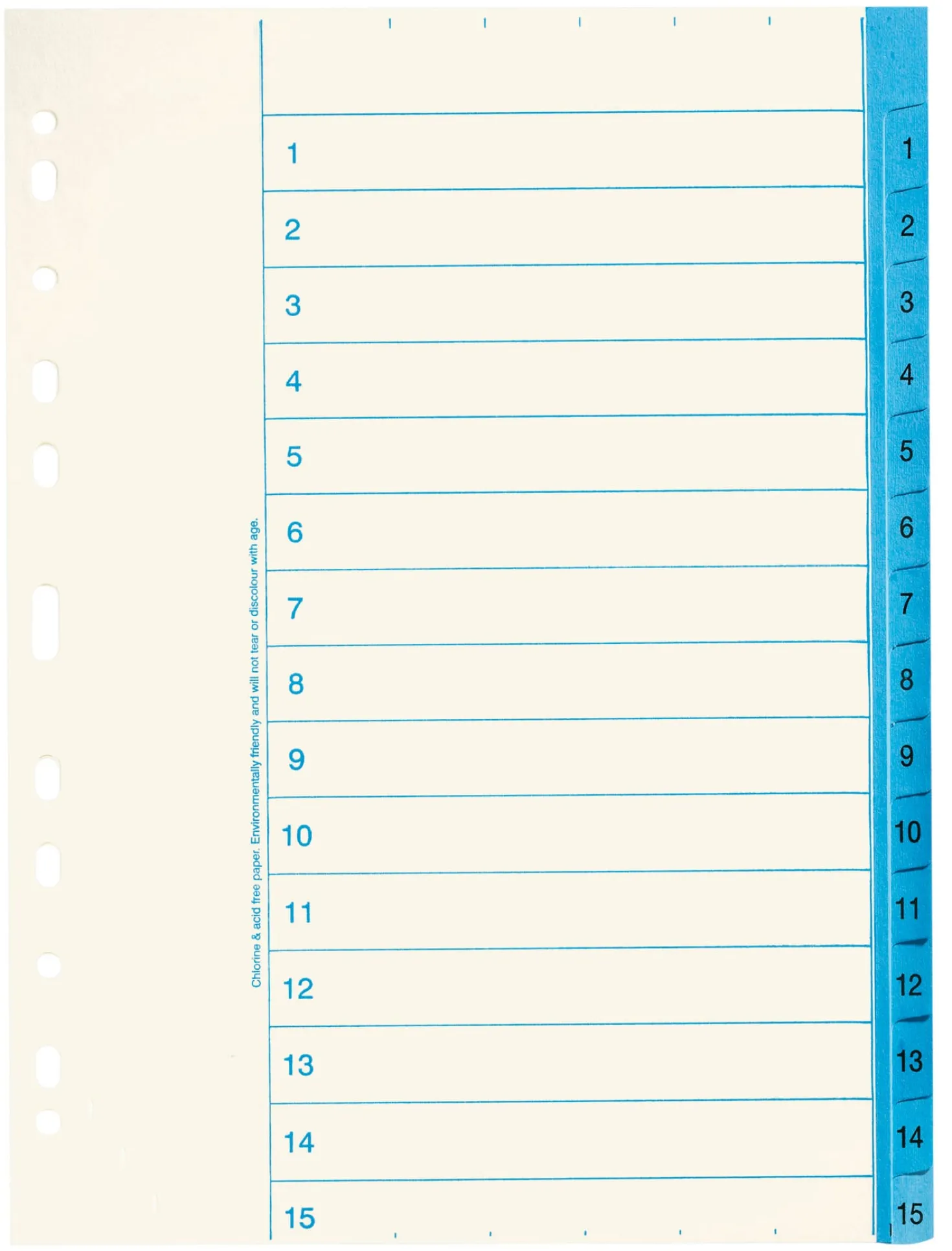 Pappersregister Nordic Office A4 1-15, multihål, blå flik, 10 set