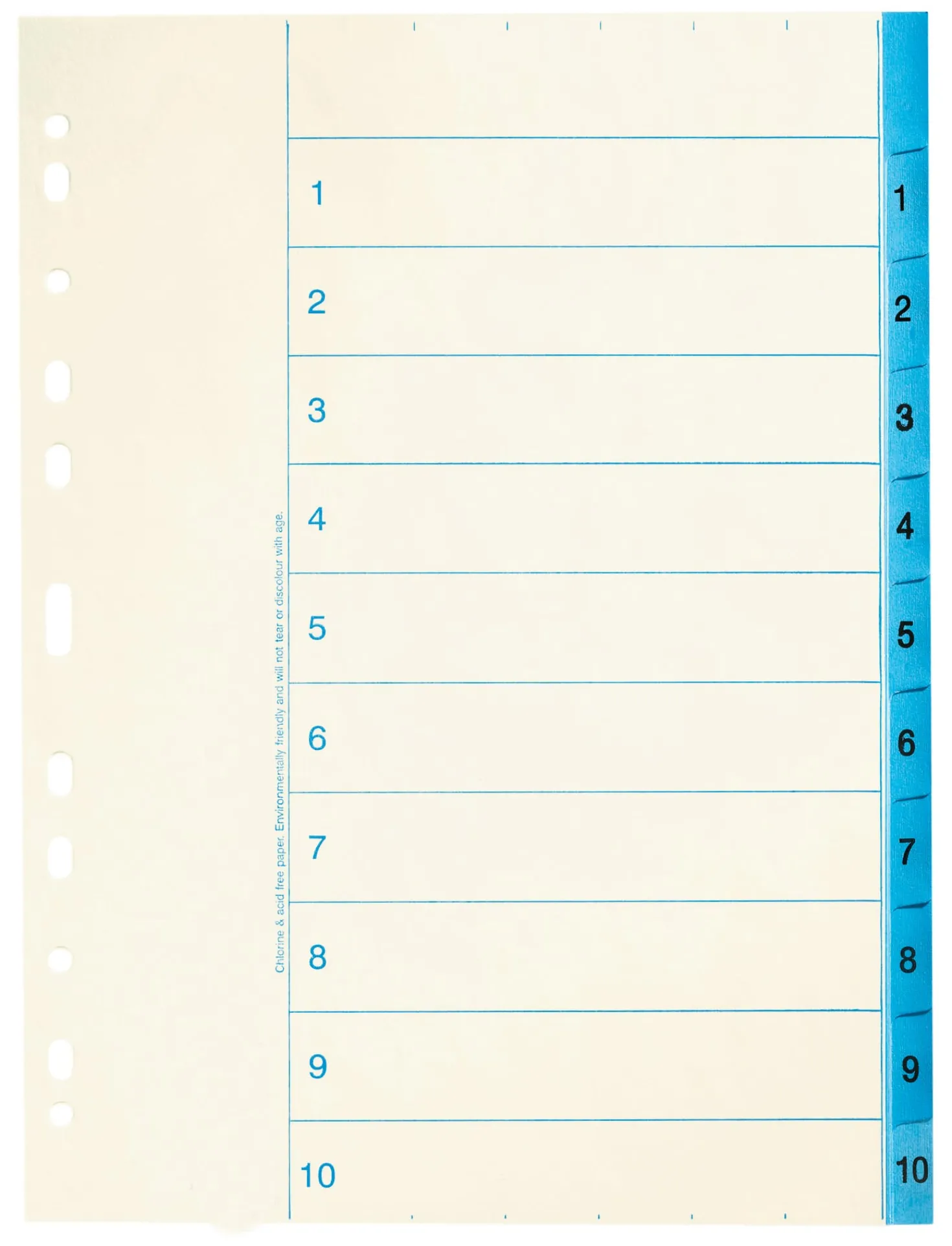 Pappersregister Nordic Office A4 1-10, blå flikar, 90 g