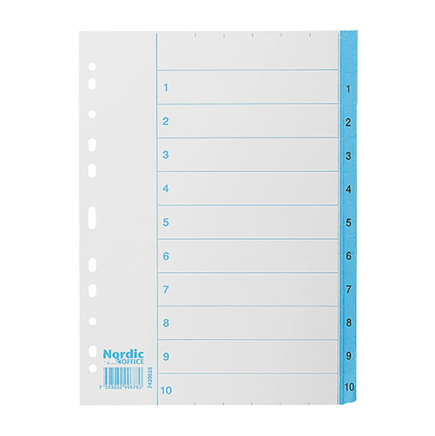 Pappersregister Nordic Office A4 1-10, blå flikar, 90 g