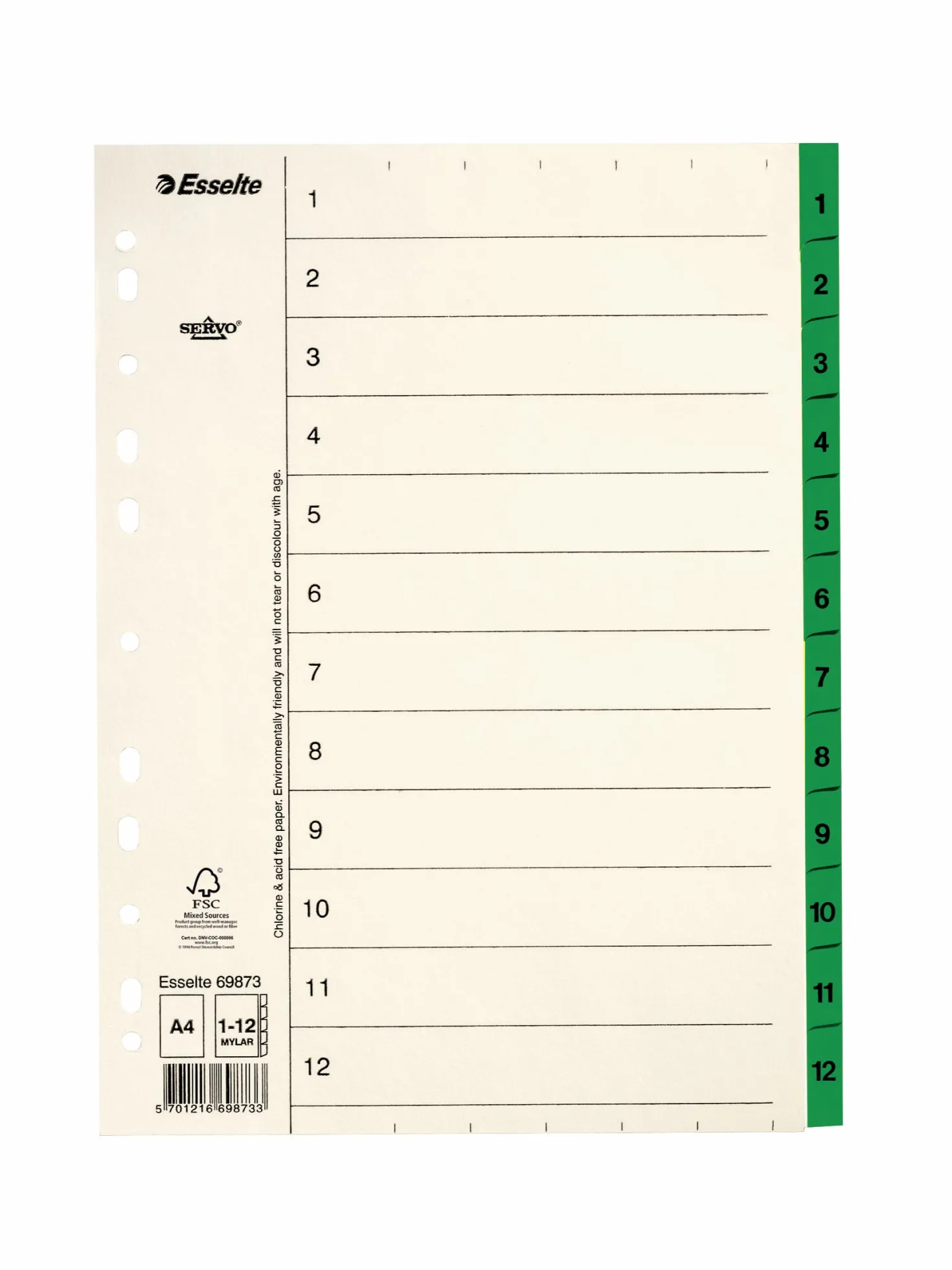 Pappersregister Servo A4 1-12, Mylarförstärkt, grön