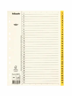 Pappersregister Timing Mega A4 1-31, plastförstärkta flikar, gul