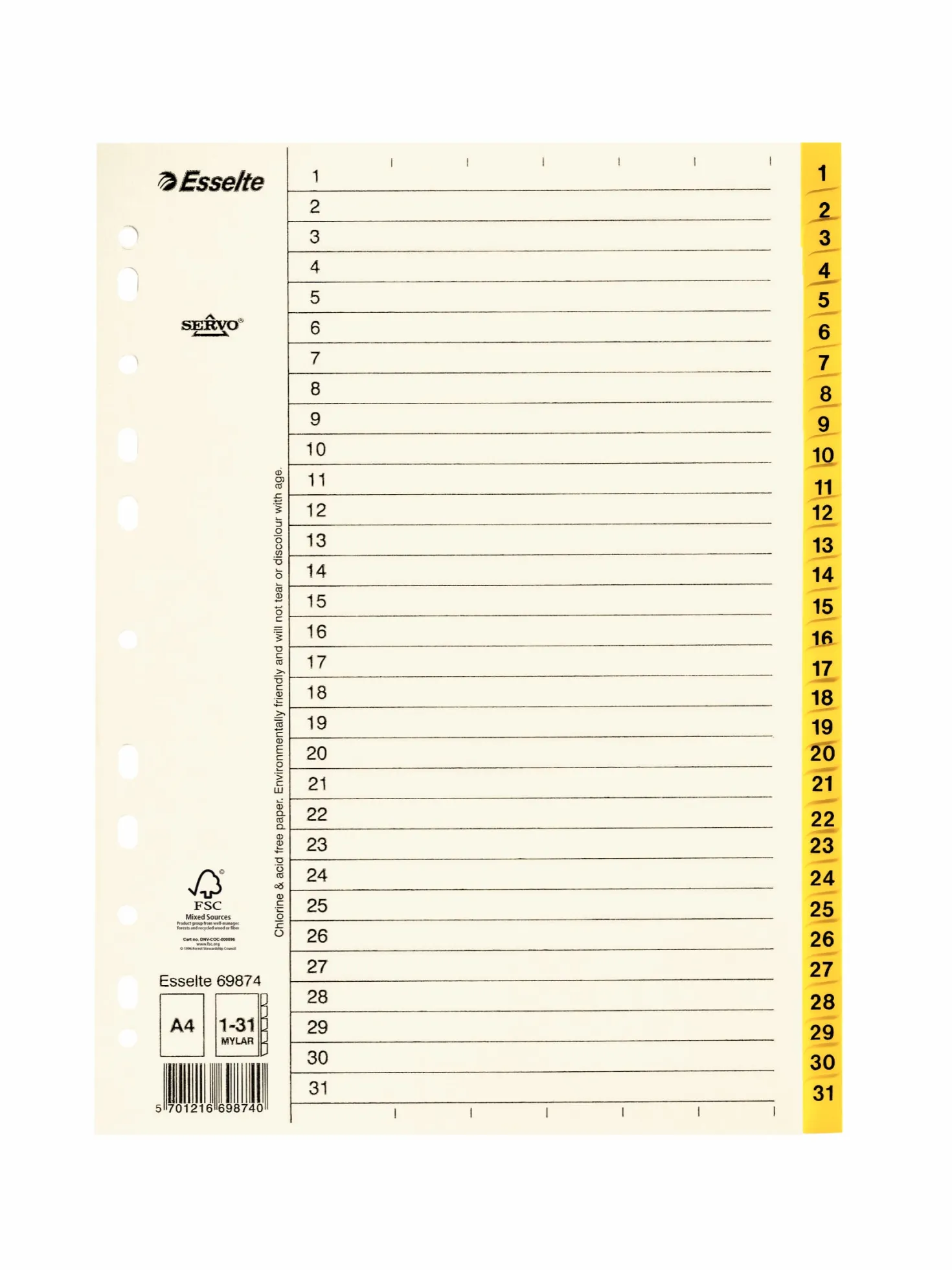 Pappersregister Timing Mega A4 1-31, plastförstärkta flikar, gul