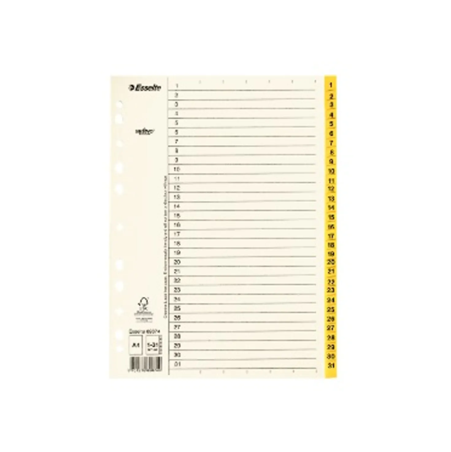 Pappersregister Timing Mega A4 1-31, plastförstärkta flikar, gul