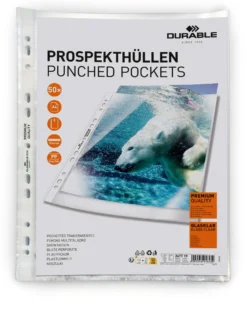 Plastficka Durable PREMIUM A4 Glasklar, universalhålad, 50 st