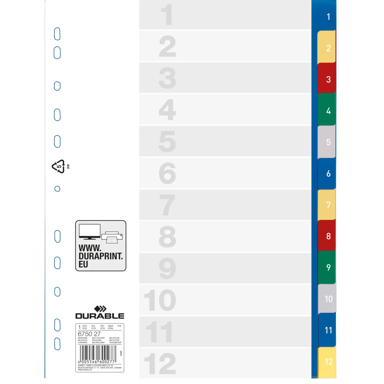 Plastregister Durable A4 1-12, färgkodade flikar, universalhål