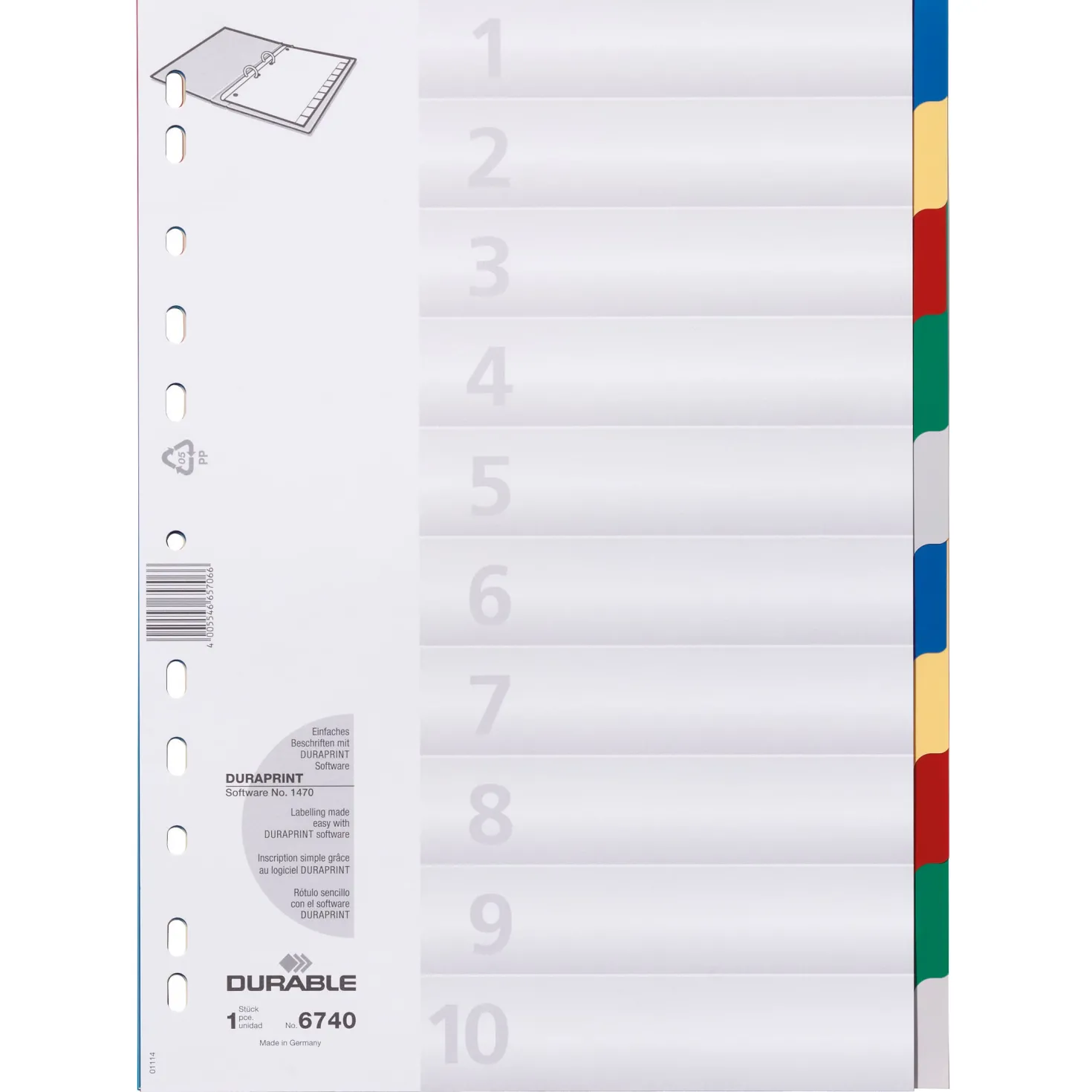 Plastregister Durable A4 1-10 otryckt, flerfärgade flikar