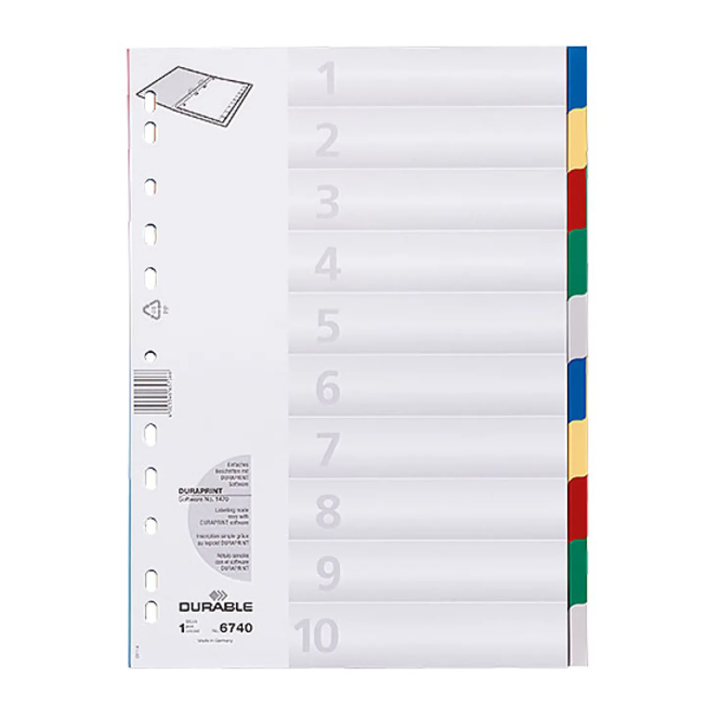 Plastregister Durable A4 1-10 otryckt, flerfärgade flikar