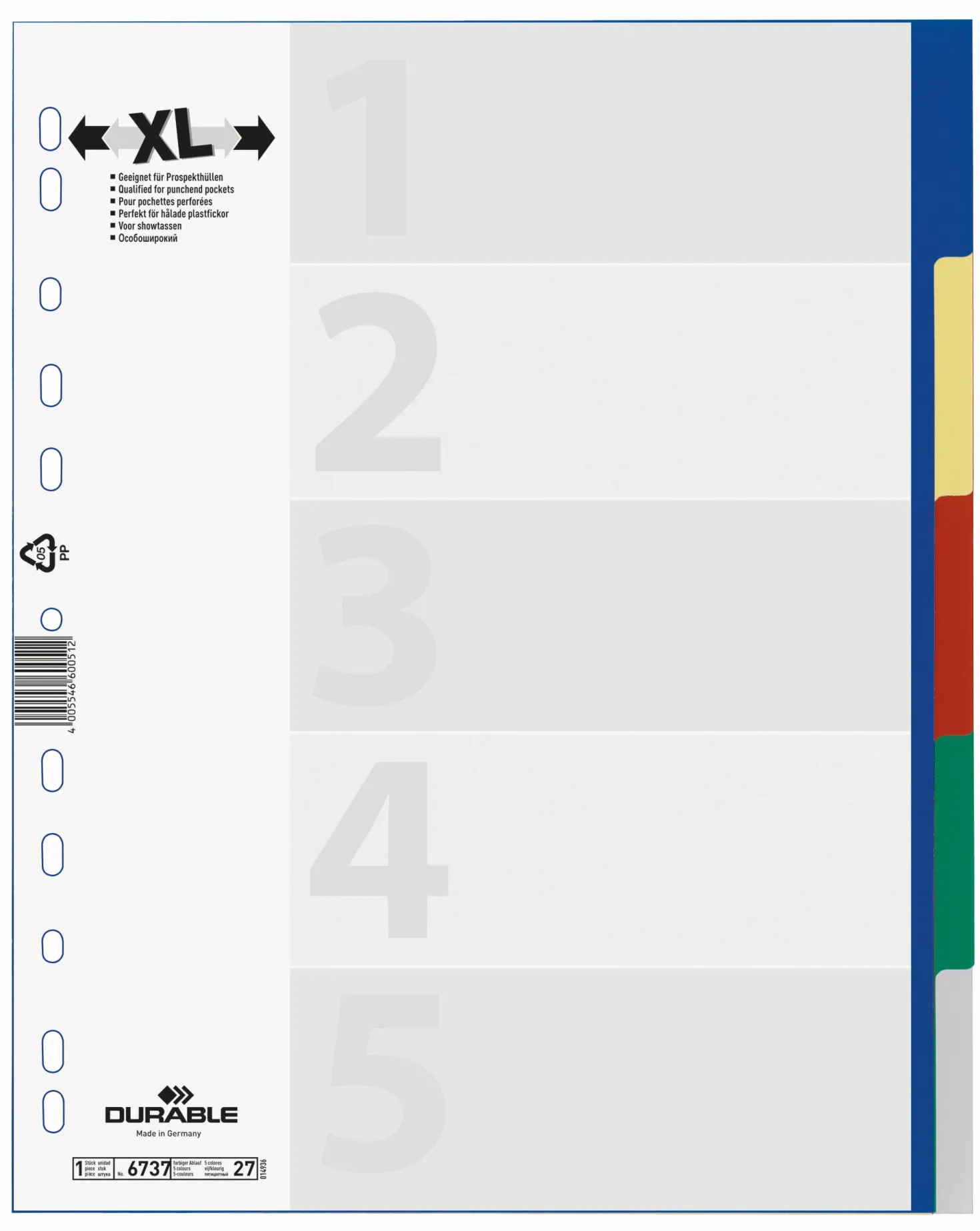 Plastregister Durable XL A4+ 1-5 Otryckt, blandade färger