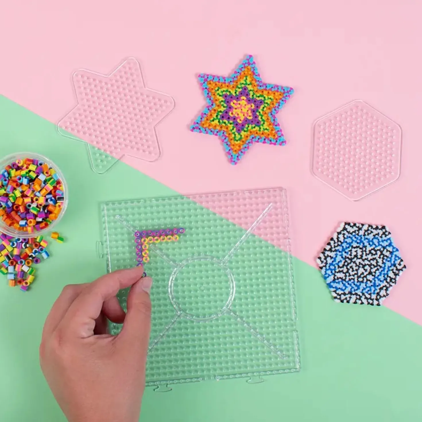Pärlplattor Playbox, stjärna hexagon kvadrat, transparenta, 3-pack