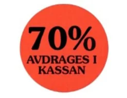 Rabattetikett 70% avdrages i kassan, fluorescerande röd, 29 mm