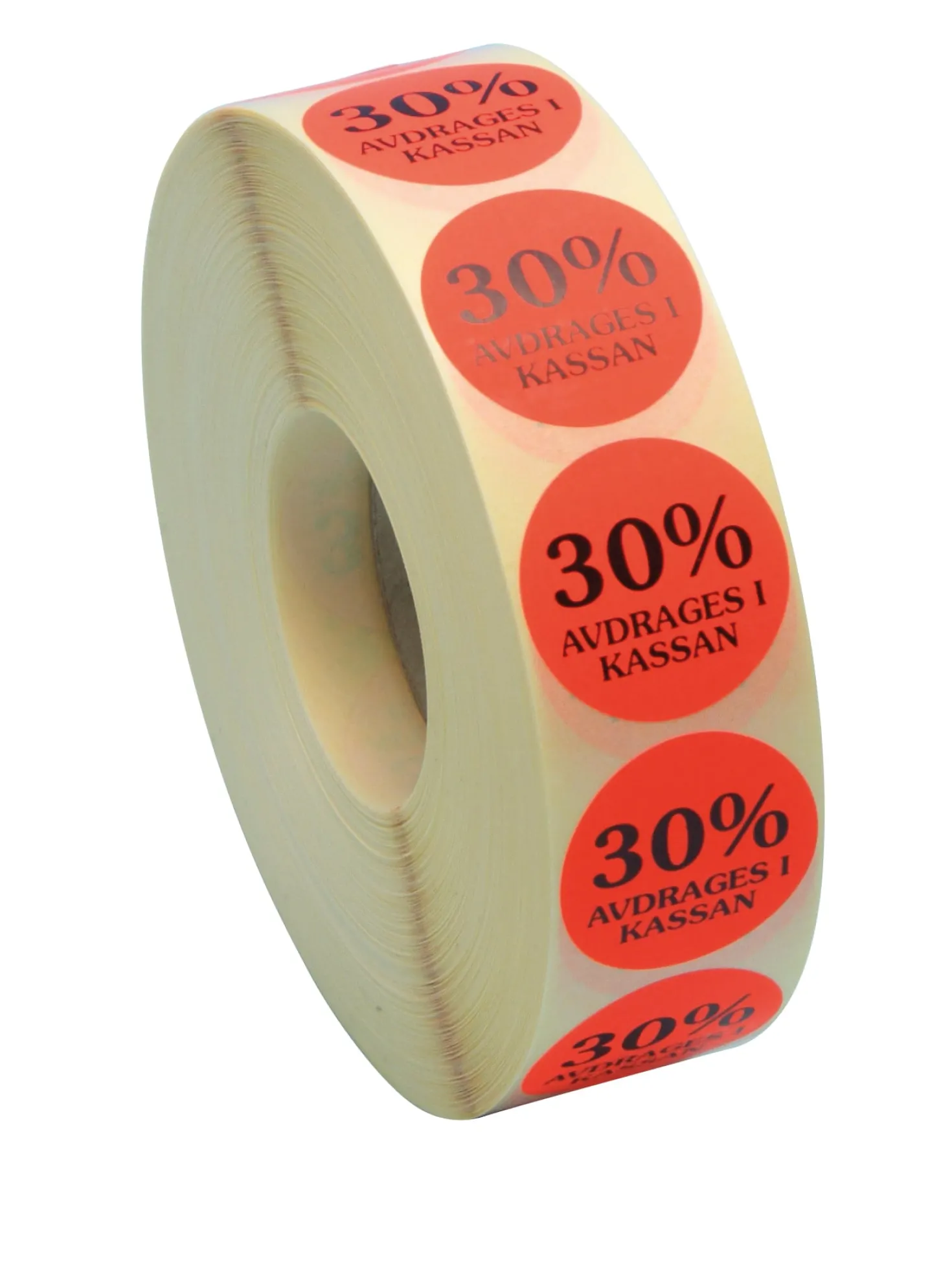 Rabattetiketter 30% avdrages i kassan, röd per rulle