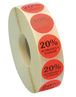 Rabattetiketter 20% avdrages i kassan, fluorescerande röd