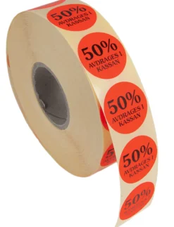 Rabattetiketter 50% Fluorescerande röd, 29 mm per rulle