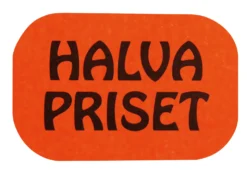Rabattetiketter Halva Priset, fluorescerande röd, 36x24mm