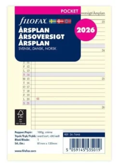 Årsplan Filofax Pocket 2026, vertikal layout, creme