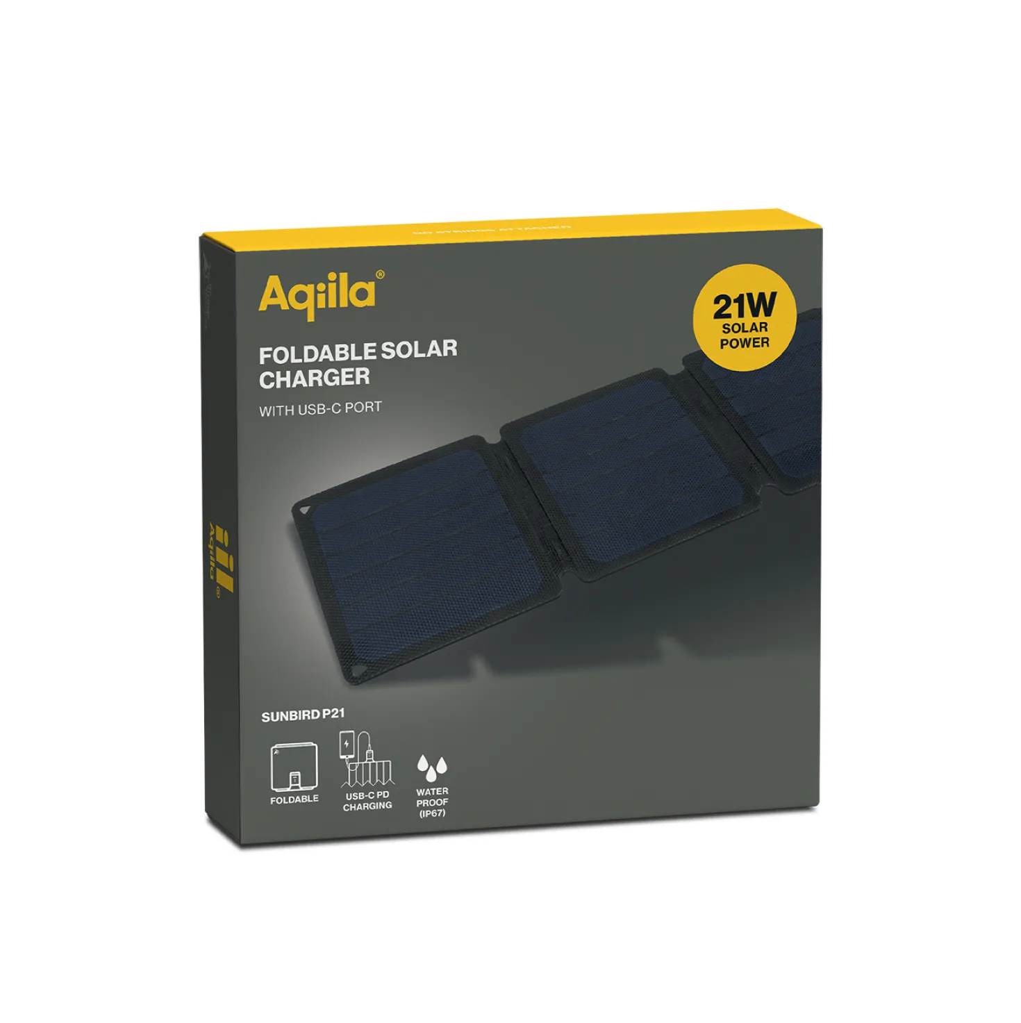 Solcellsladdare Aqiila Sunbird P21, 21W, vikbar, USB-C, IP67