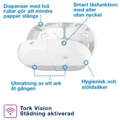 Toalettpappersdispenser Tork T9 SmartOne Mini Twin, vit, 2 rullar