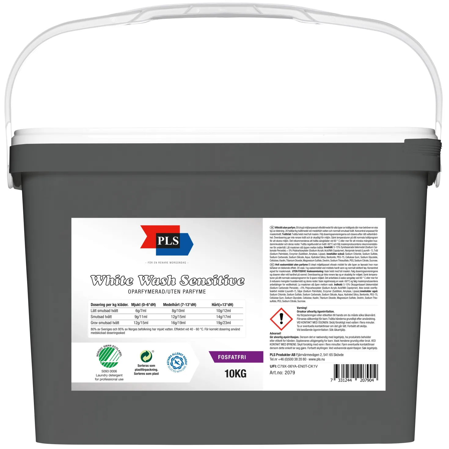 Tvättmedel PLS Allergi Vit, oparfymerat, 10 kg