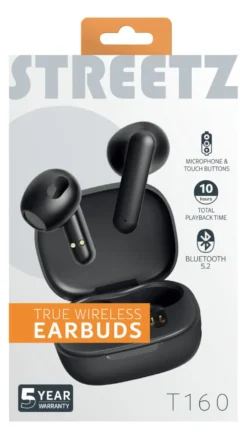 TWS-hörlurar Streetz T160, Bluetooth 5.2, svart